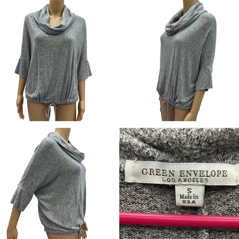 Heather Gray Cowl Neck Drawstring Waist 3 Quarter Batwing Sleeve Knit Top Size S - Picture 2 of 9